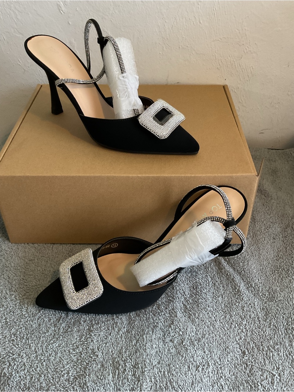 TOP Moda Black Rhinestone Buckle Slingback Mules